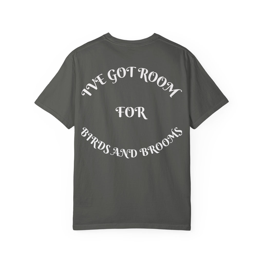 Witch Parrot T-Shirt — "Primordial Witch" Graphic Tee with "I've Got Room for Birds and Brooms" Back