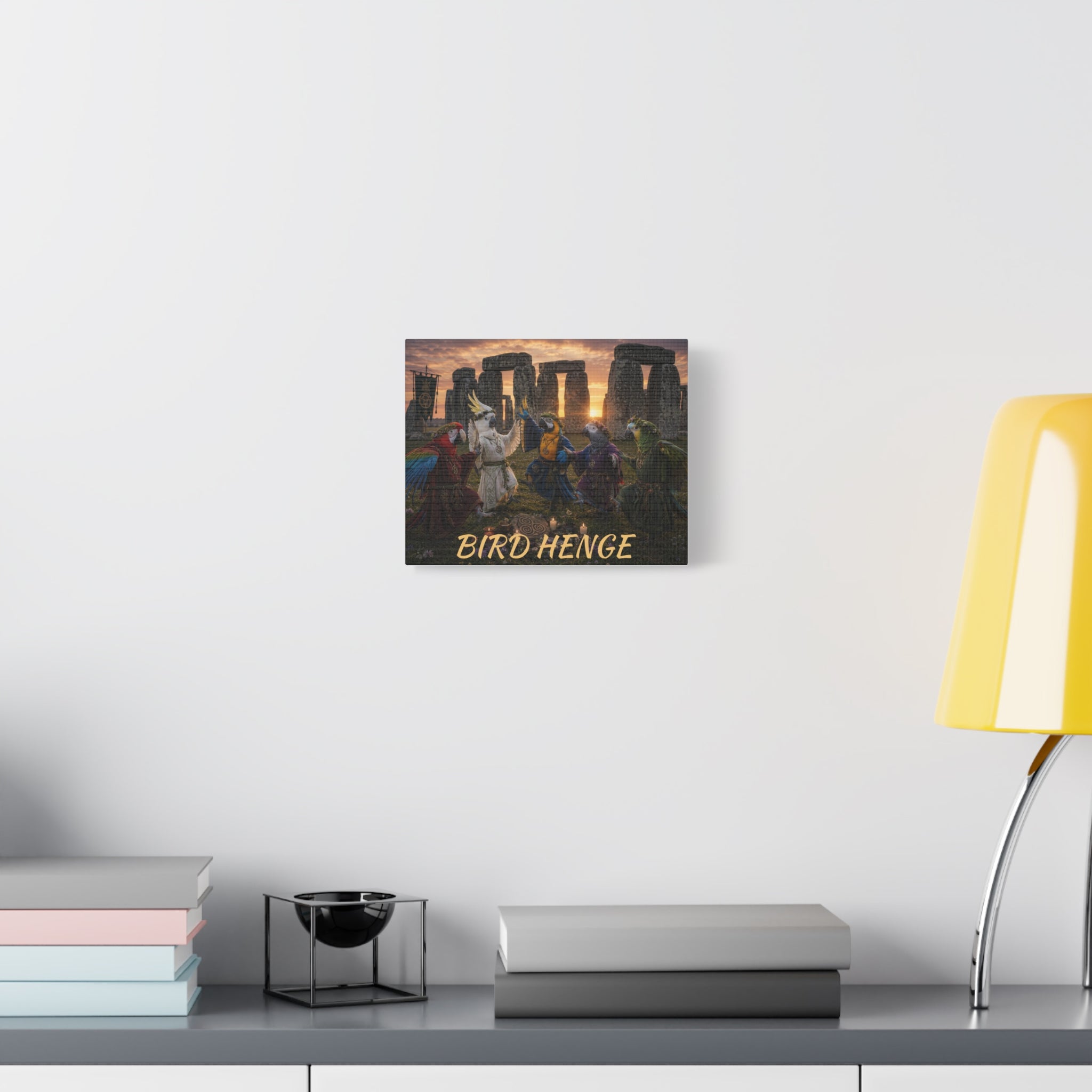 Bird Henge Canvas Print — Fantasy Parrot Gathering at Stonehenge