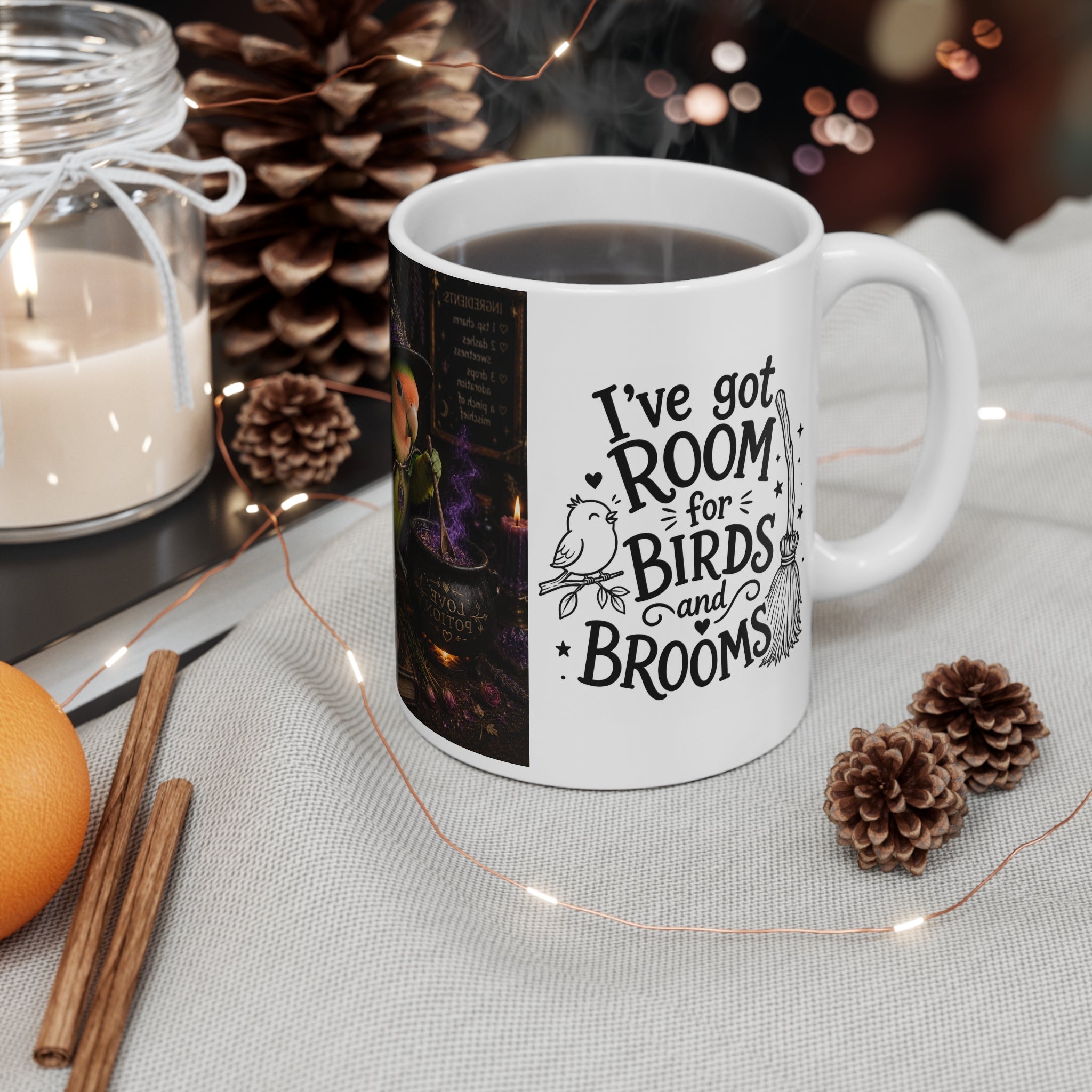 Witchy Lovebird Mug — Cute Magical Bird Brews Potion 11oz