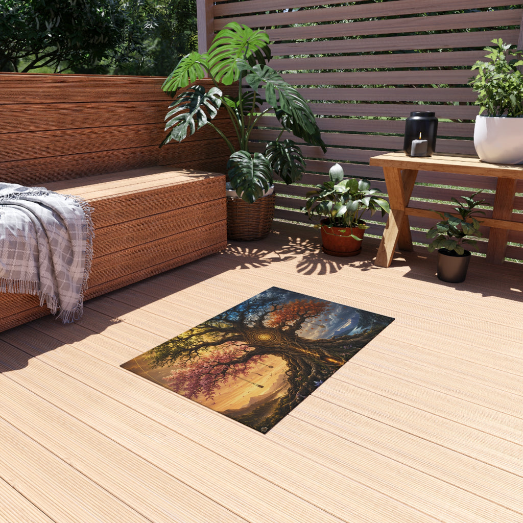 Tree of Seasons Outdoor Rug — Mystical Landscape Patio Mat