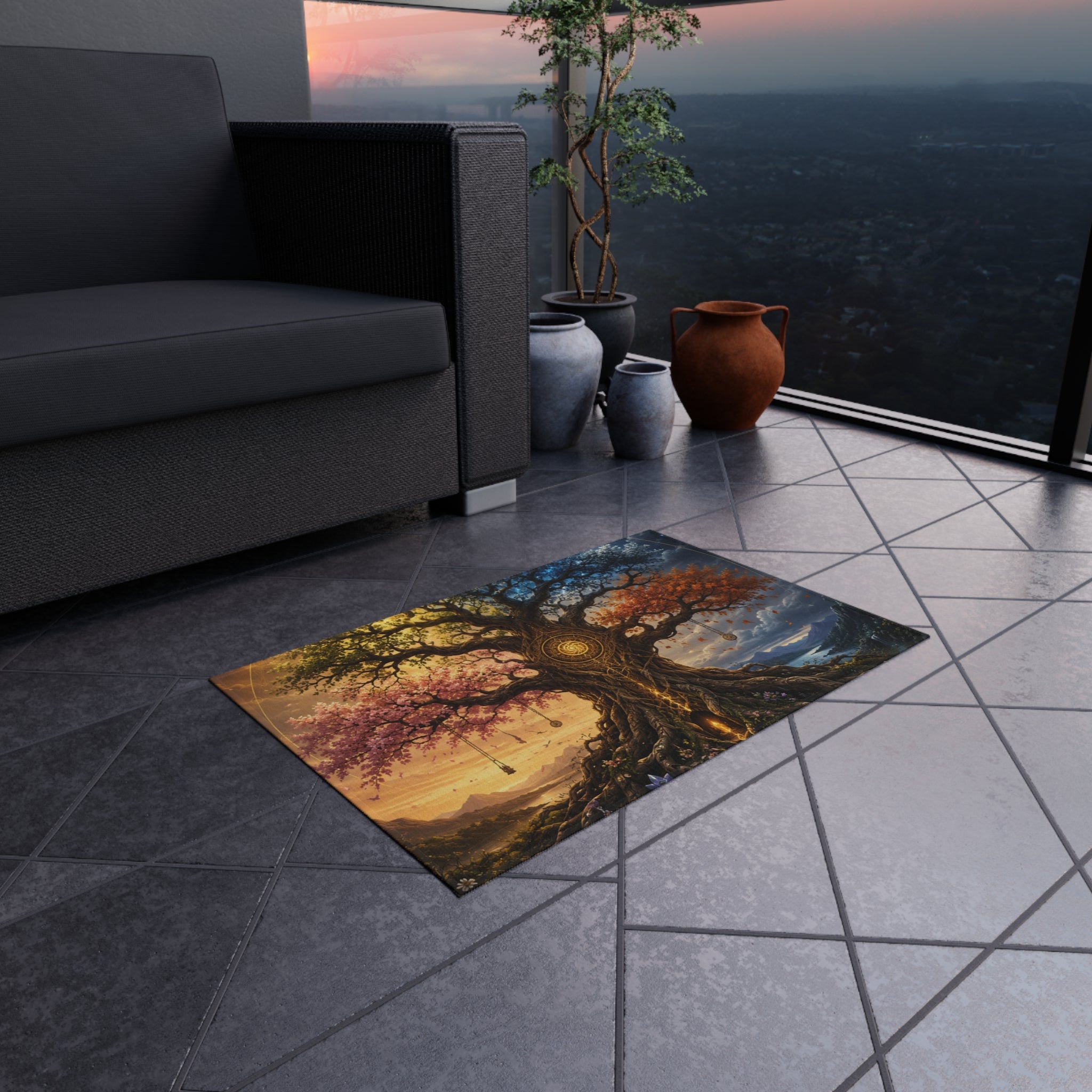 Tree of Seasons Outdoor Rug — Mystical Landscape Patio Mat