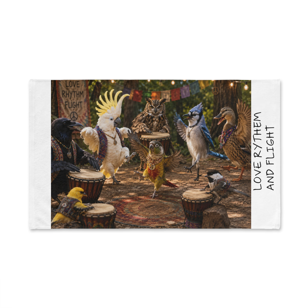 Love Rhythm and Flight Hand Towel — Tropical Bird Drum Circle Kitchen Towel