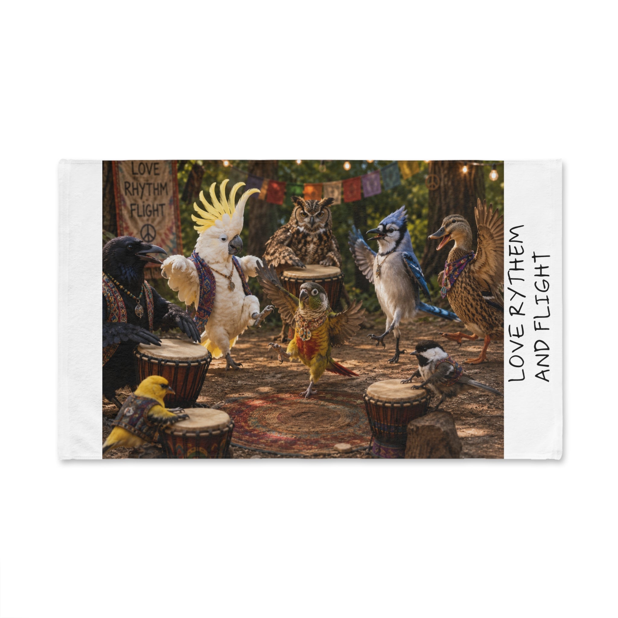 Love Rhythm and Flight Hand Towel — Tropical Bird Drum Circle Kitchen Towel