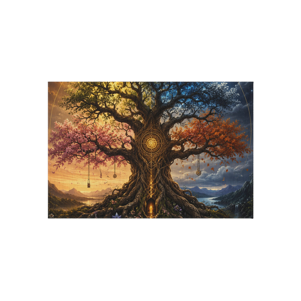 Tree of Seasons Outdoor Rug — Mystical Landscape Patio Mat