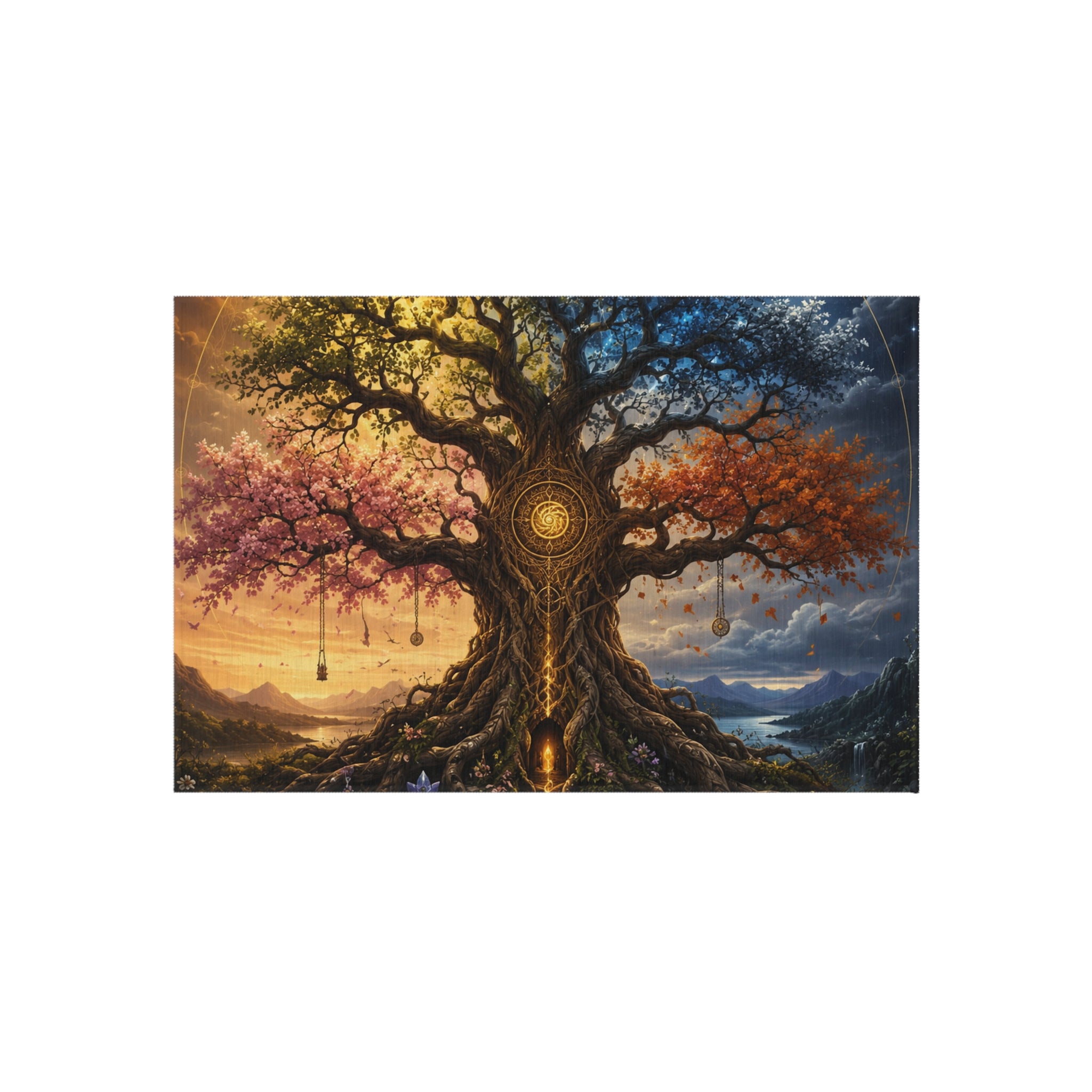 Tree of Seasons Outdoor Rug — Mystical Landscape Patio Mat