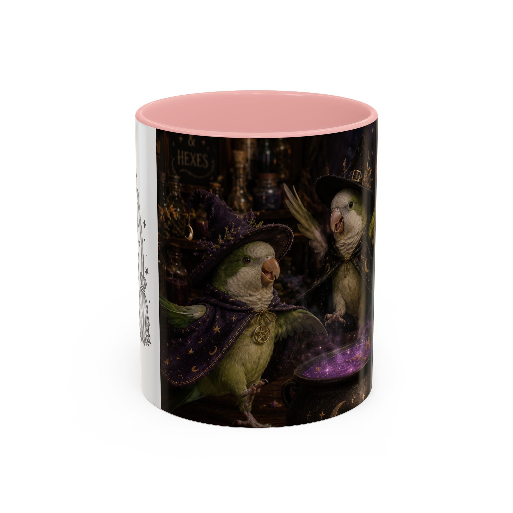 Witchy Parrot Coffee Mug — Cute Wizard Parakeet Magic Cauldron Accent Mug (11/15oz)