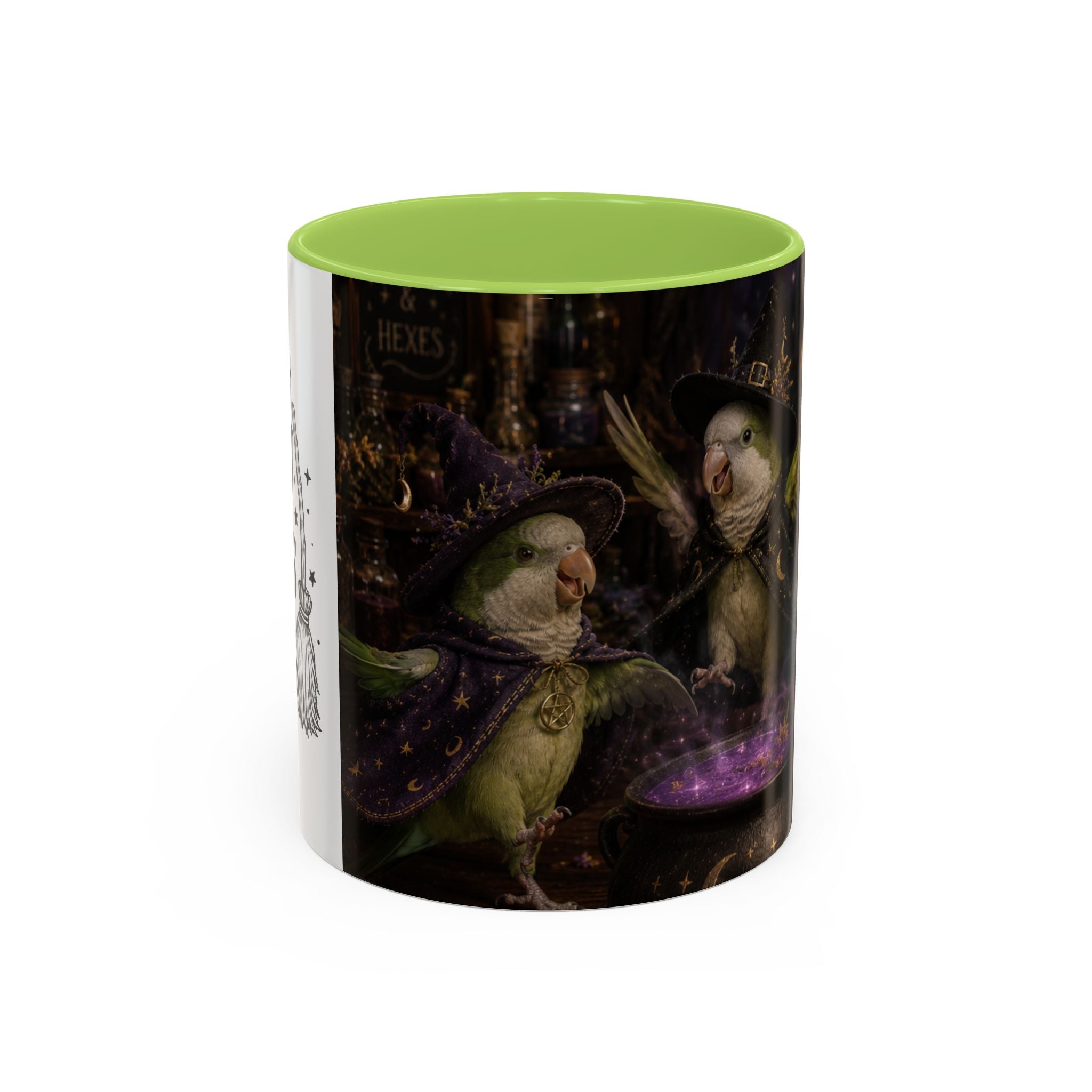 Witchy Parrot Coffee Mug — Cute Wizard Parakeet Magic Cauldron Accent Mug (11/15oz)