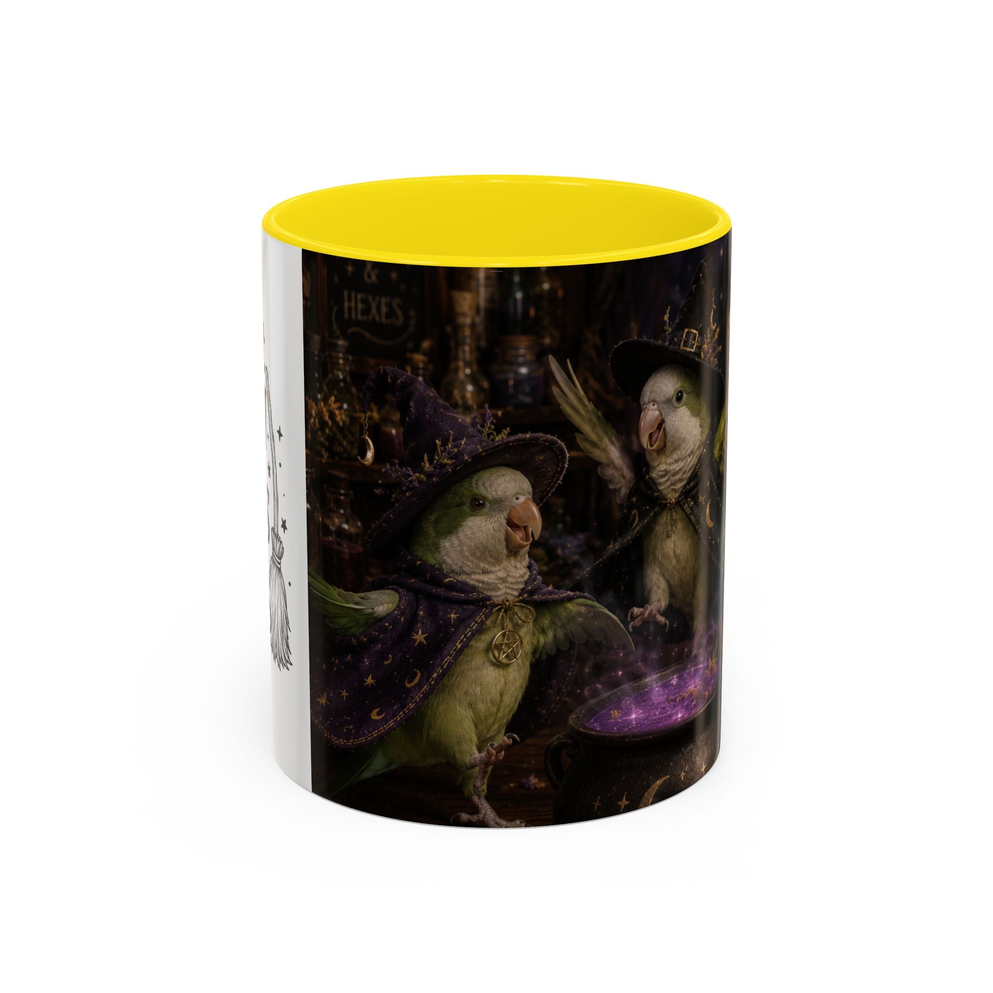 Witchy Parrot Coffee Mug — Cute Wizard Parakeet Magic Cauldron Accent Mug (11/15oz)