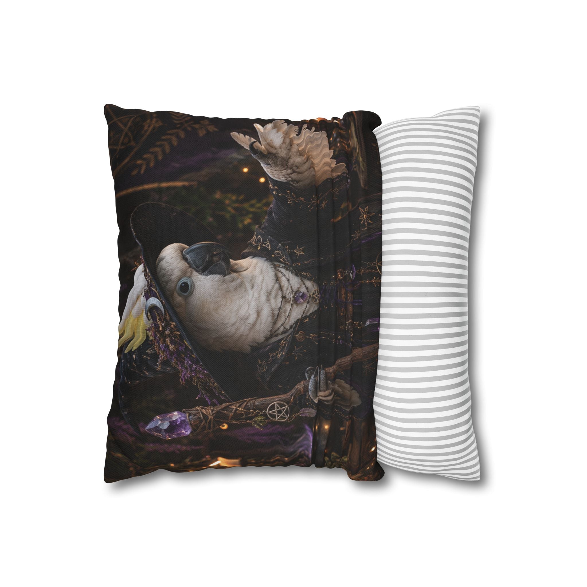 Witch Parrot Decorative Pillowcase — Mystic Cockatoo Accent Cushion Cover