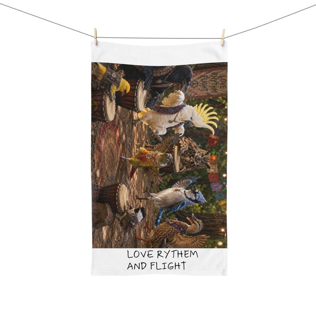 Love Rhythm and Flight Hand Towel — Tropical Bird Drum Circle Kitchen Towel