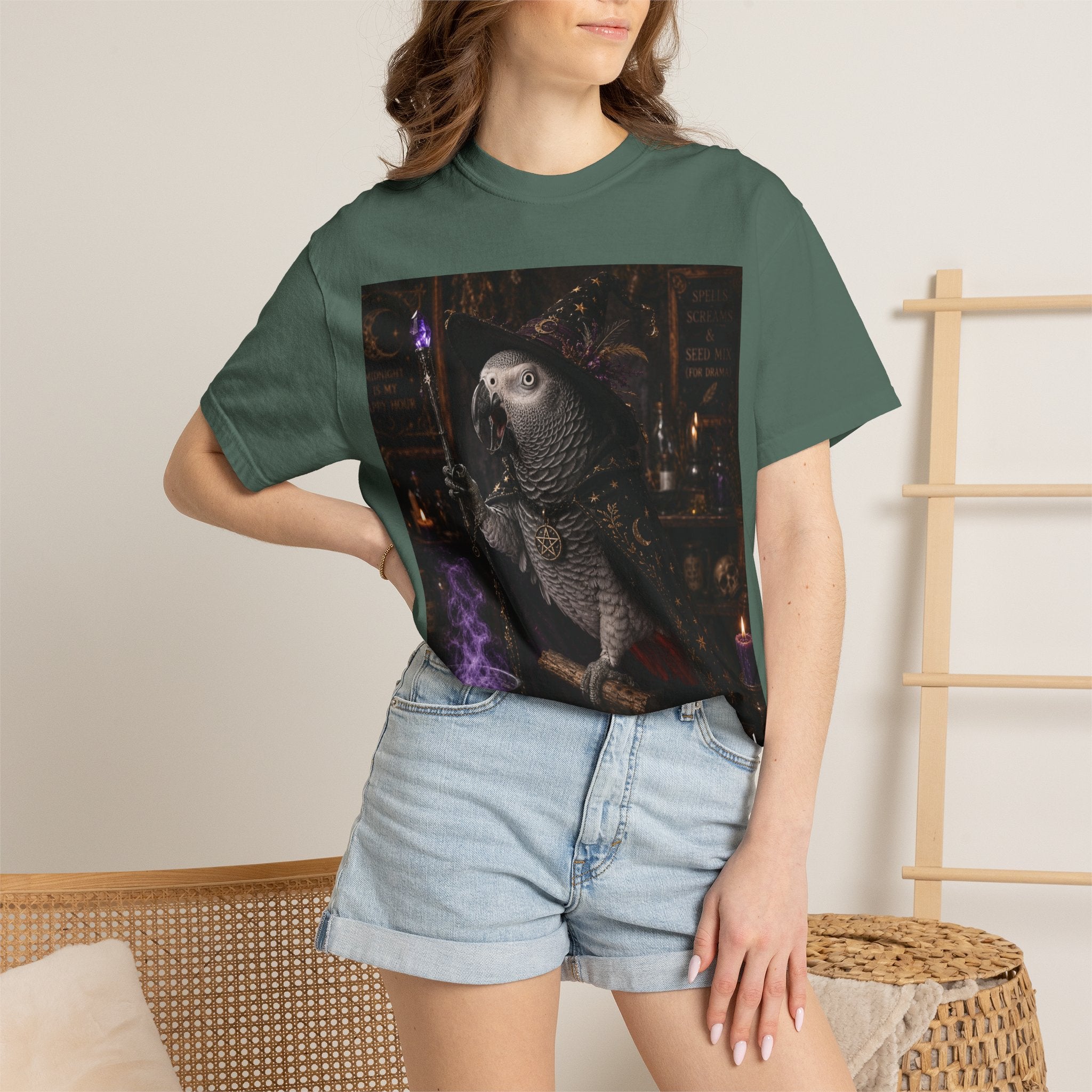 Witch Parrot T-Shirt — "Primordial Witch" Graphic Tee with "I've Got Room for Birds and Brooms" Back