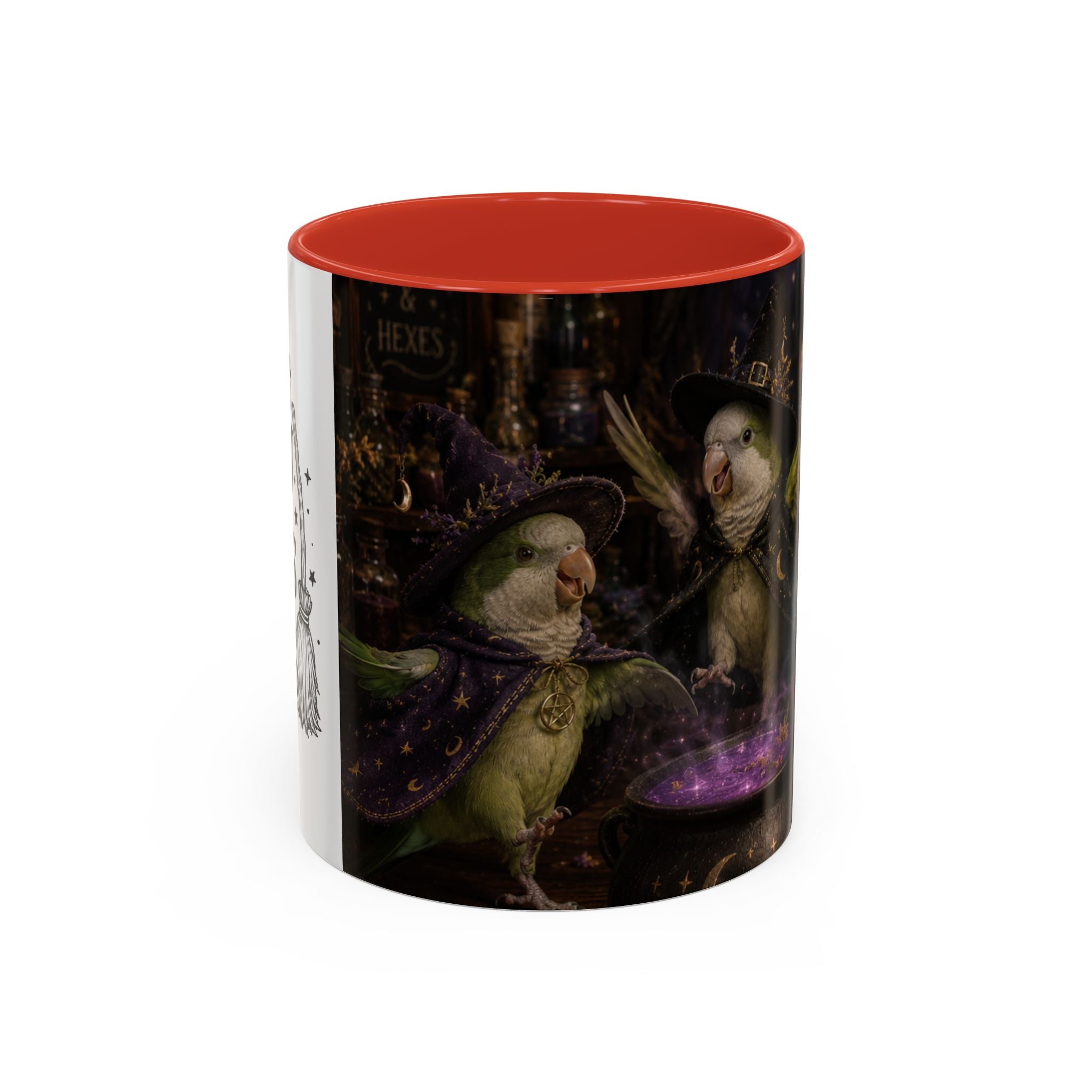 Witchy Parrot Coffee Mug — Cute Wizard Parakeet Magic Cauldron Accent Mug (11/15oz)