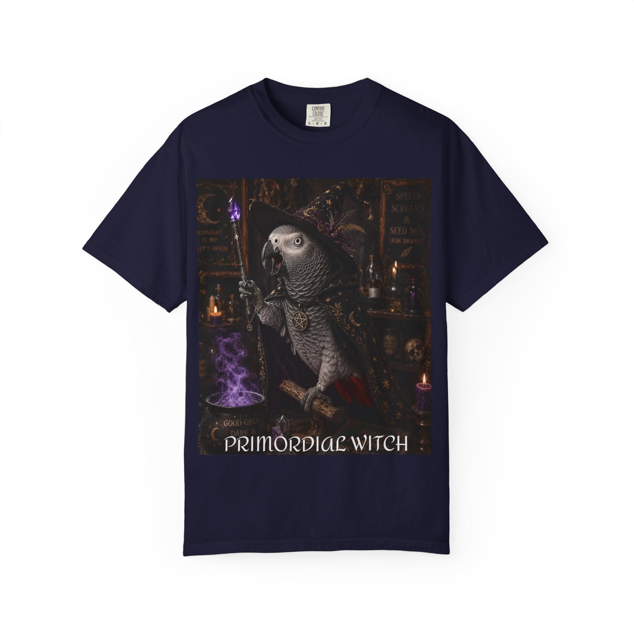Witch Parrot T-Shirt — "Primordial Witch" Graphic Tee with "I've Got Room for Birds and Brooms" Back