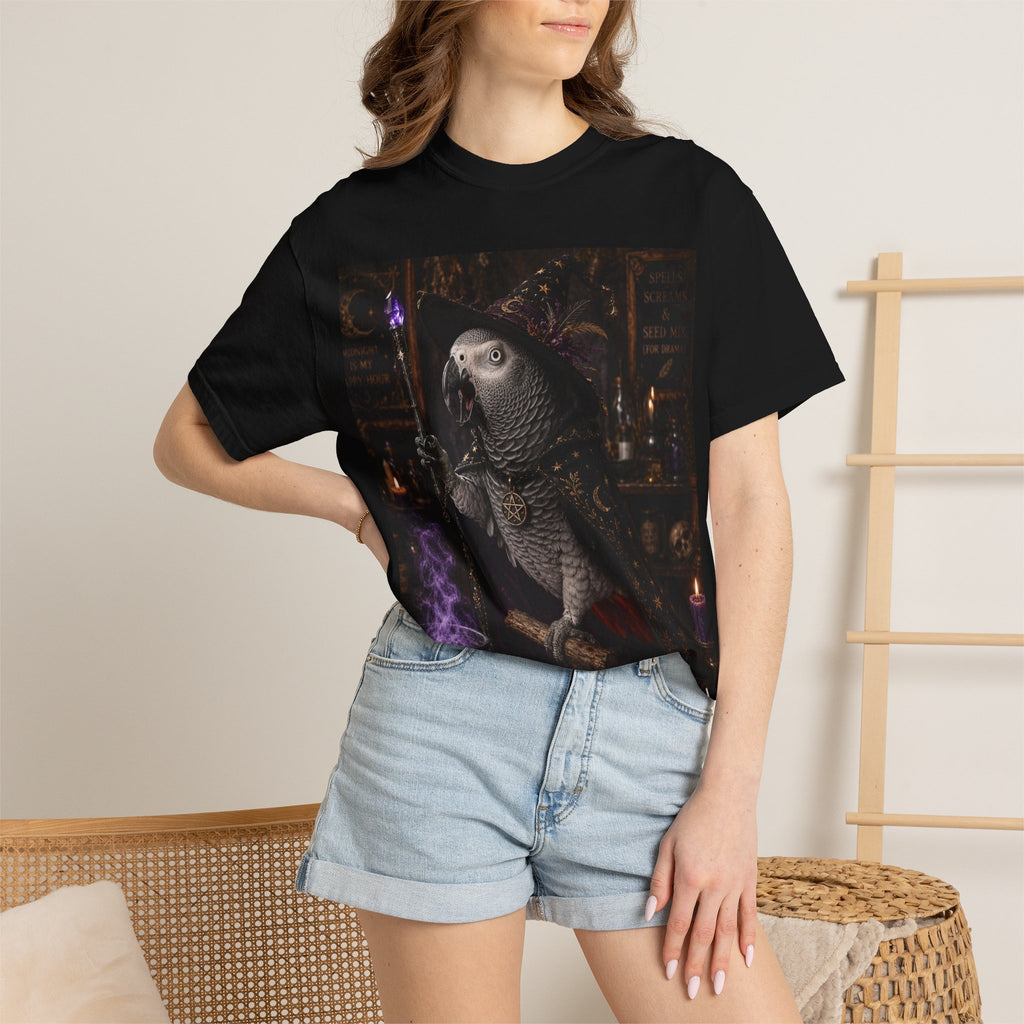 Witch Parrot T-Shirt — "Primordial Witch" Graphic Tee with "I've Got Room for Birds and Brooms" Back