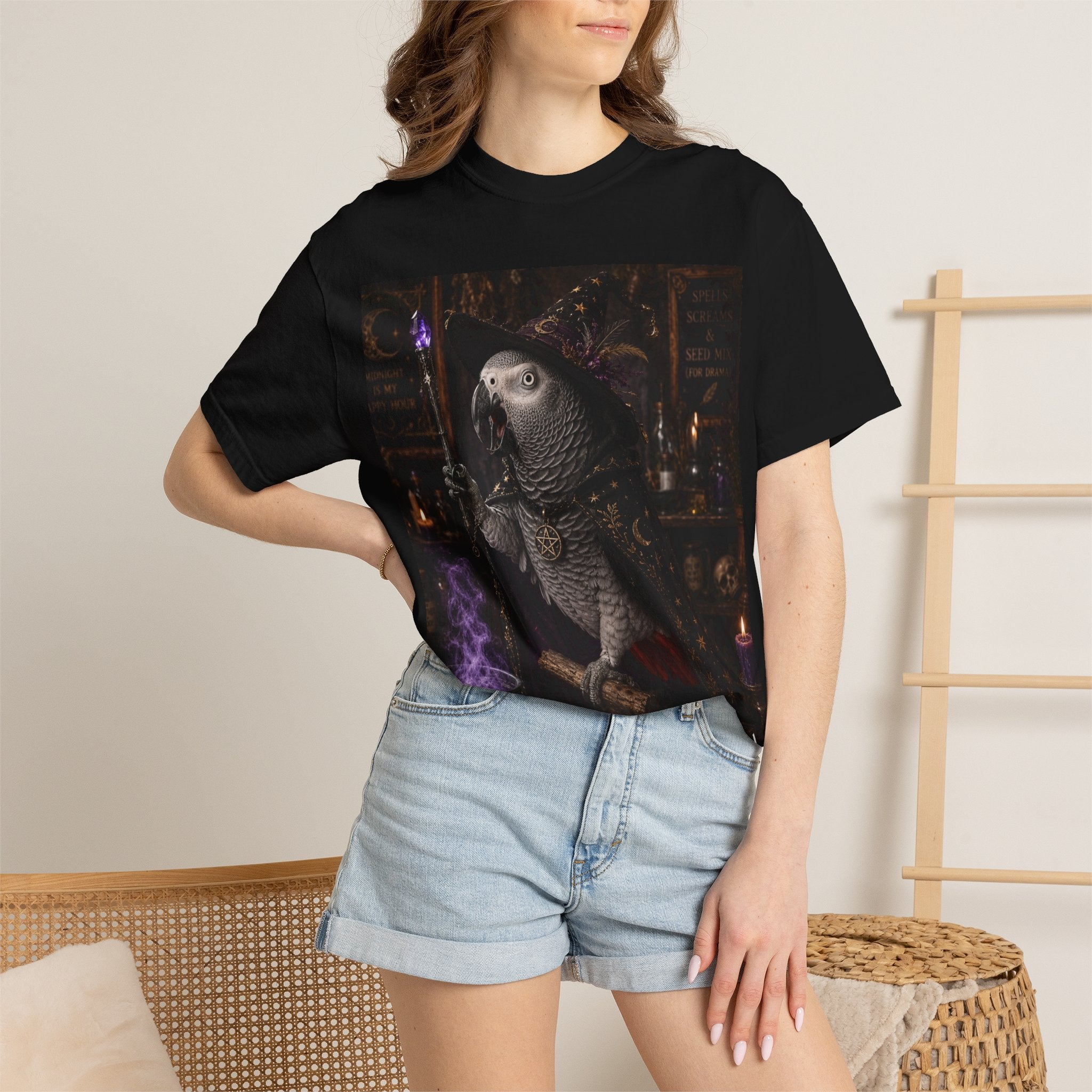 Witch Parrot T-Shirt — "Primordial Witch" Graphic Tee with "I've Got Room for Birds and Brooms" Back
