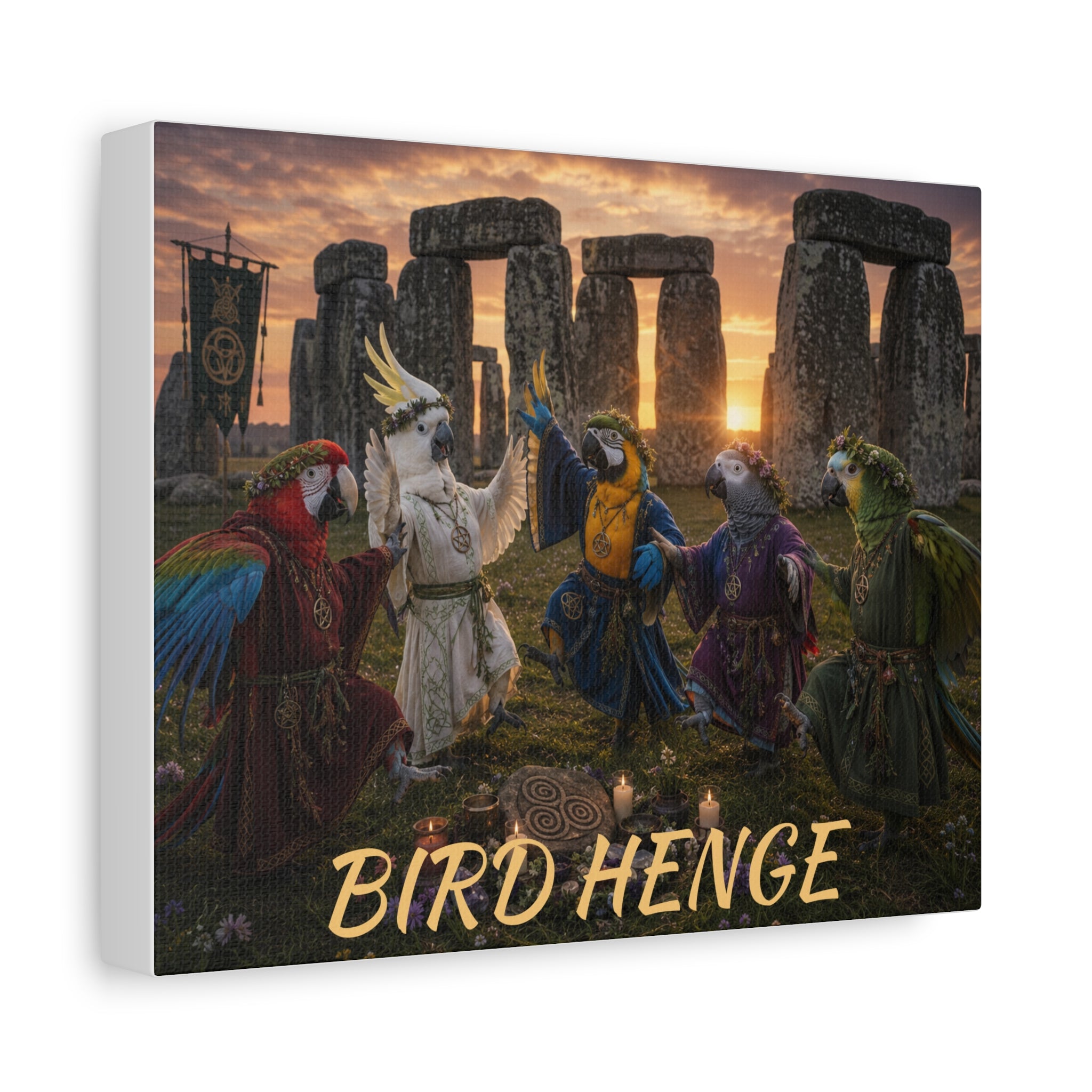 Bird Henge Canvas Print — Fantasy Parrot Gathering at Stonehenge