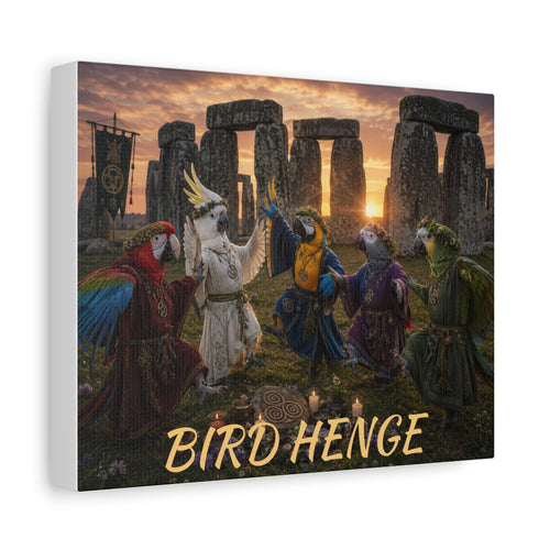 Bird Henge Canvas Print — Fantasy Parrot Gathering at Stonehenge