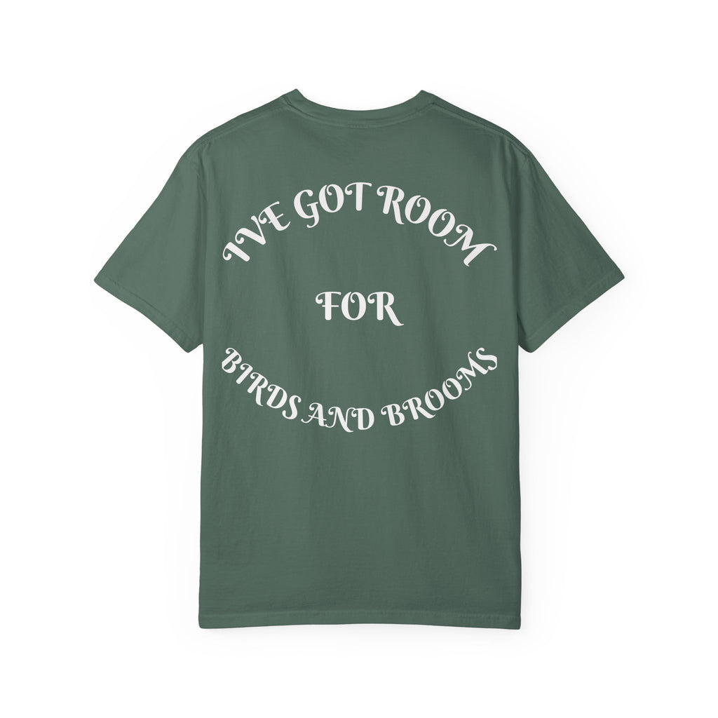Witch Parrot T-Shirt — "Primordial Witch" Graphic Tee with "I've Got Room for Birds and Brooms" Back