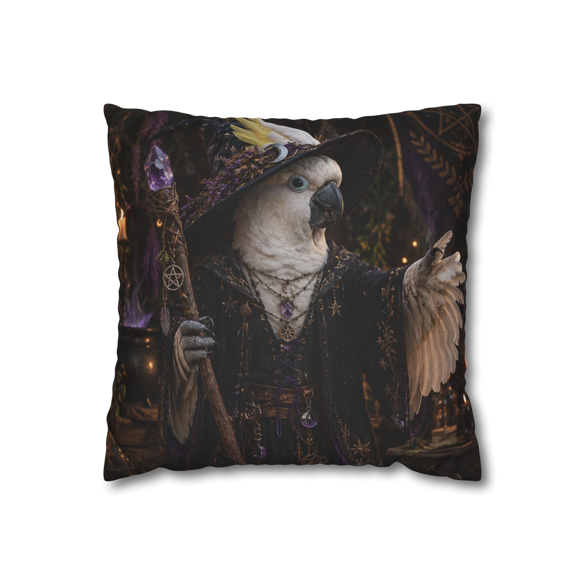 Witch Parrot Decorative Pillowcase — Mystic Cockatoo Accent Cushion Cover