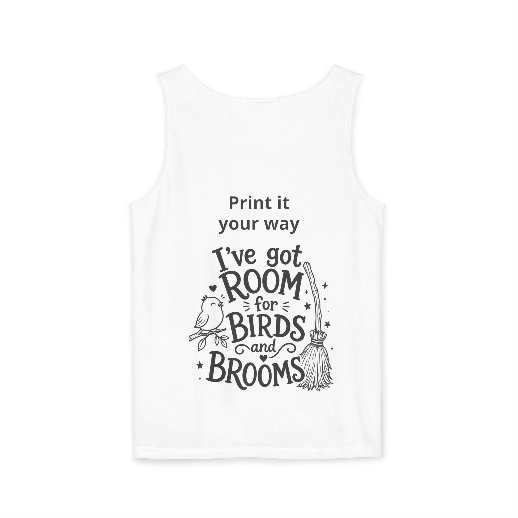Wizard Flamingo Tank Top — "I’ve Got Room for Birds and Brooms" Graphic