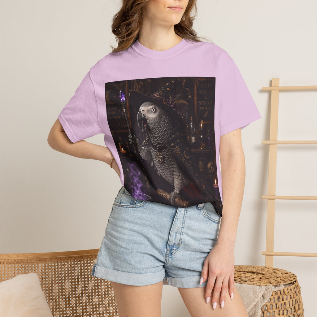 Witch Parrot T-Shirt — "Primordial Witch" Graphic Tee with "I've Got Room for Birds and Brooms" Back