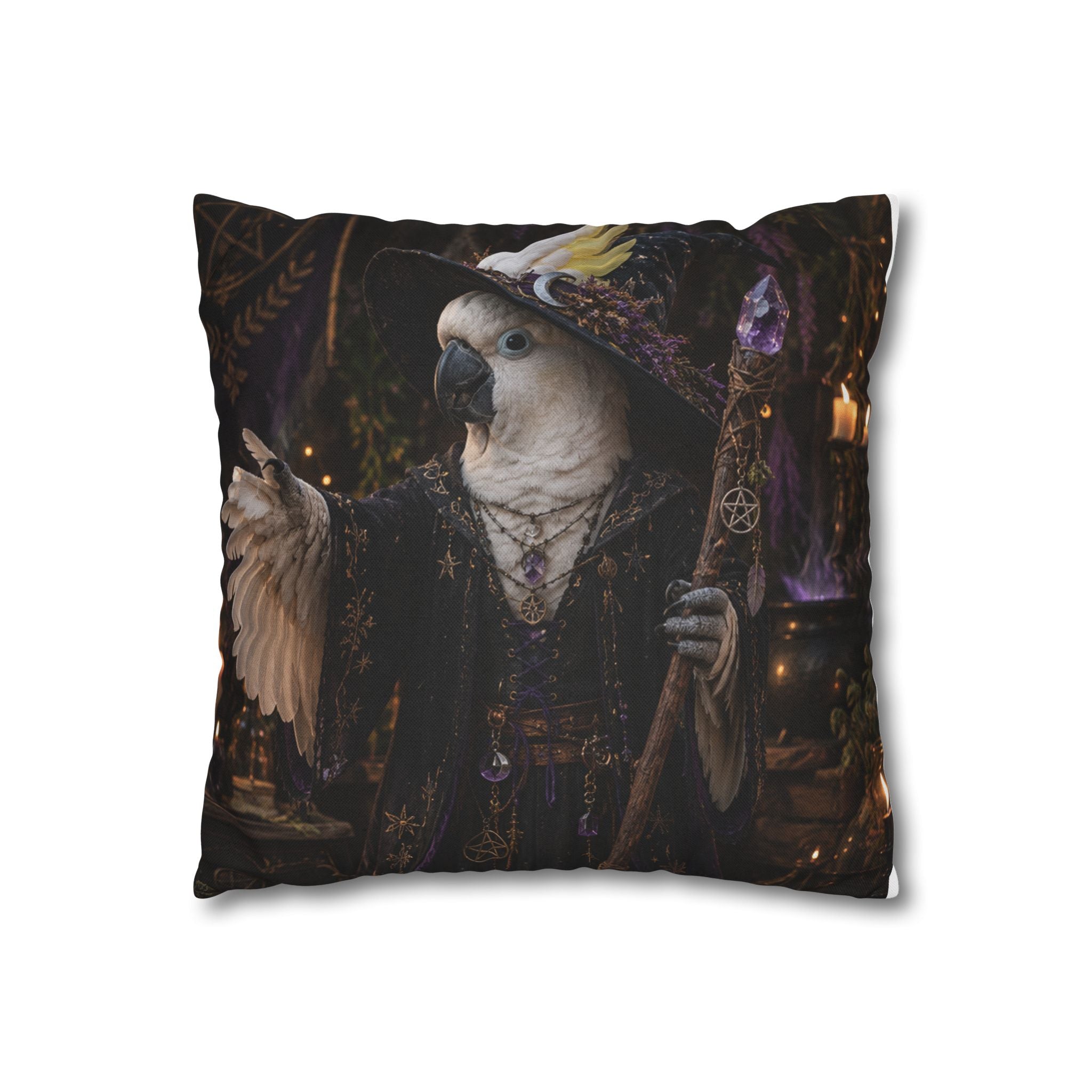 Witch Parrot Decorative Pillowcase — Mystic Cockatoo Accent Cushion Cover