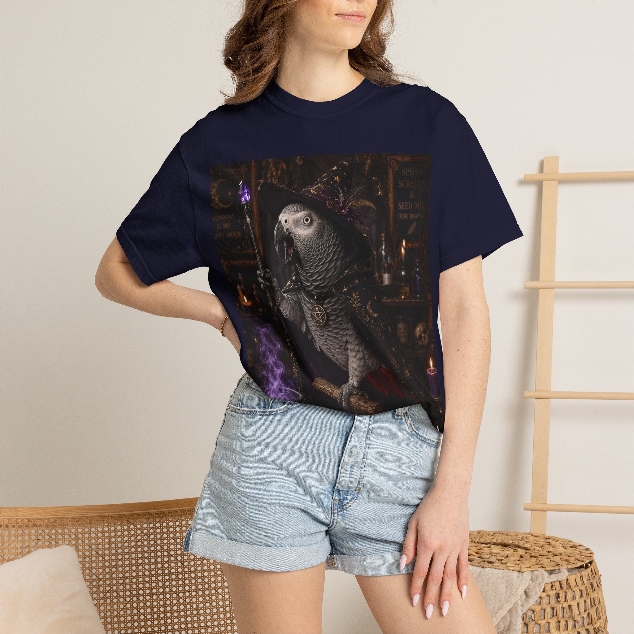 Witch Parrot T-Shirt — "Primordial Witch" Graphic Tee with "I've Got Room for Birds and Brooms" Back