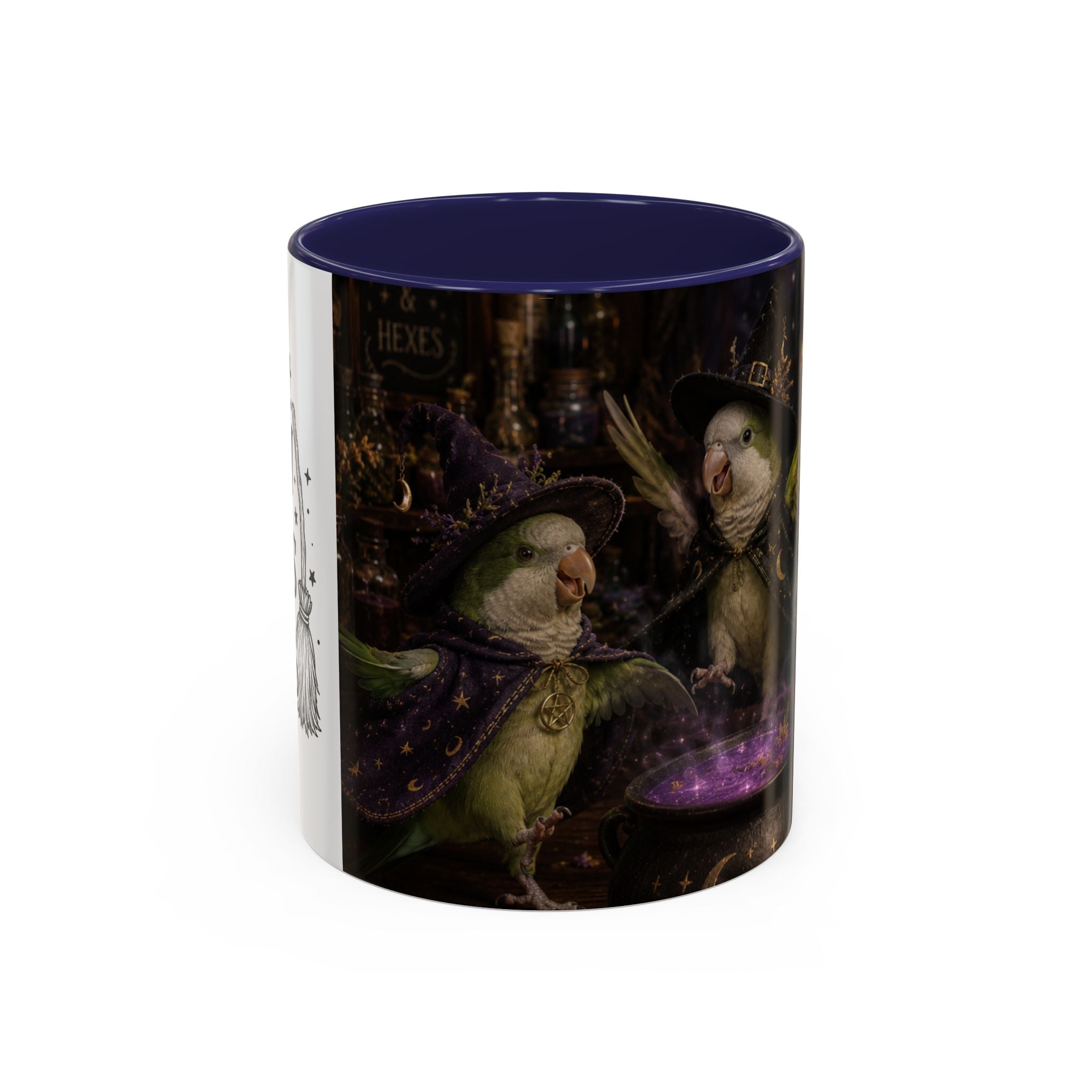 Witchy Parrot Coffee Mug — Cute Wizard Parakeet Magic Cauldron Accent Mug (11/15oz)