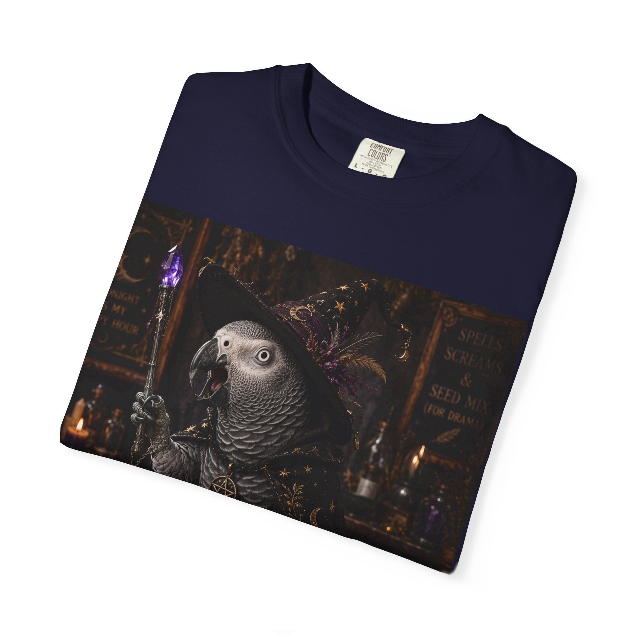 Witch Parrot T-Shirt — "Primordial Witch" Graphic Tee with "I've Got Room for Birds and Brooms" Back