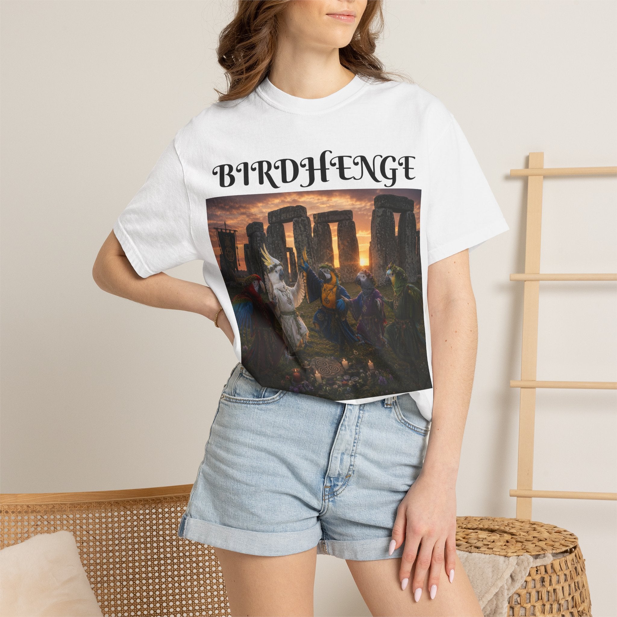 Birdhenge T‑Shirt — Vintage Stonehenge Witchy Graphic Tee (“I’ve Got Room For Birds And Brooms”)