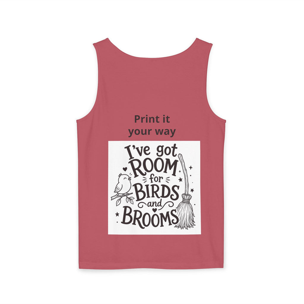 Wizard Flamingo Tank Top — "I’ve Got Room for Birds and Brooms" Graphic