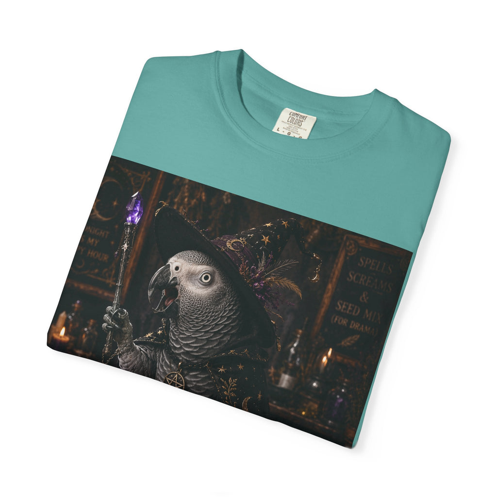 Witch Parrot T-Shirt — "Primordial Witch" Graphic Tee with "I've Got Room for Birds and Brooms" Back