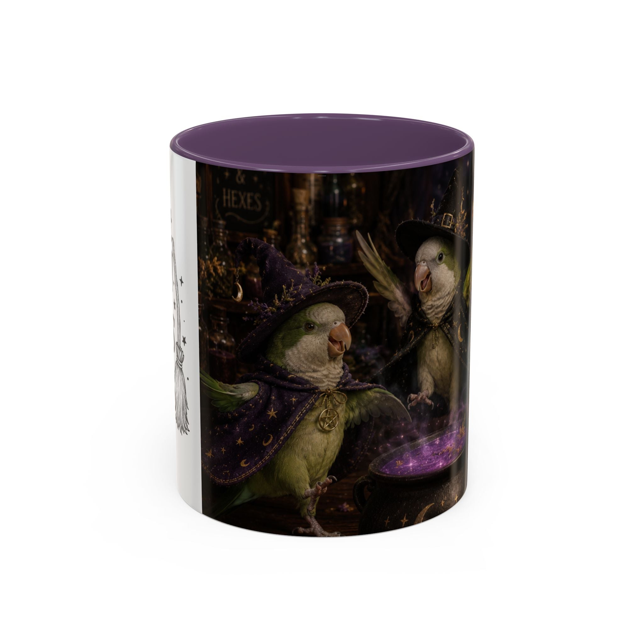 Witchy Parrot Coffee Mug — Cute Wizard Parakeet Magic Cauldron Accent Mug (11/15oz)