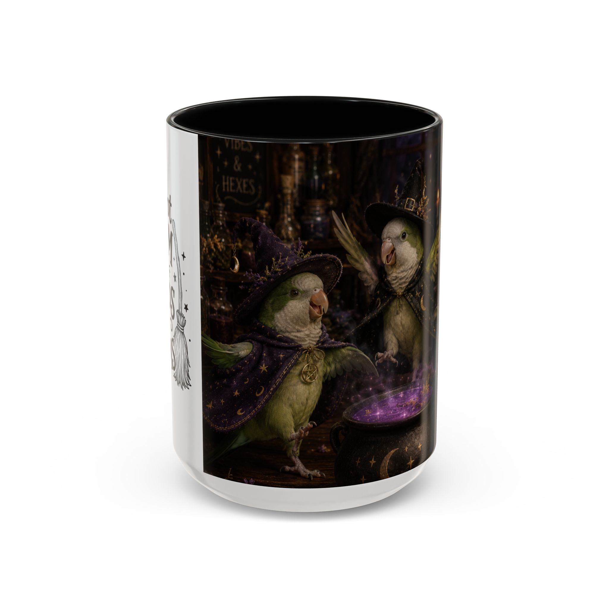 Witchy Parrot Coffee Mug — Cute Wizard Parakeet Magic Cauldron Accent Mug (11/15oz)