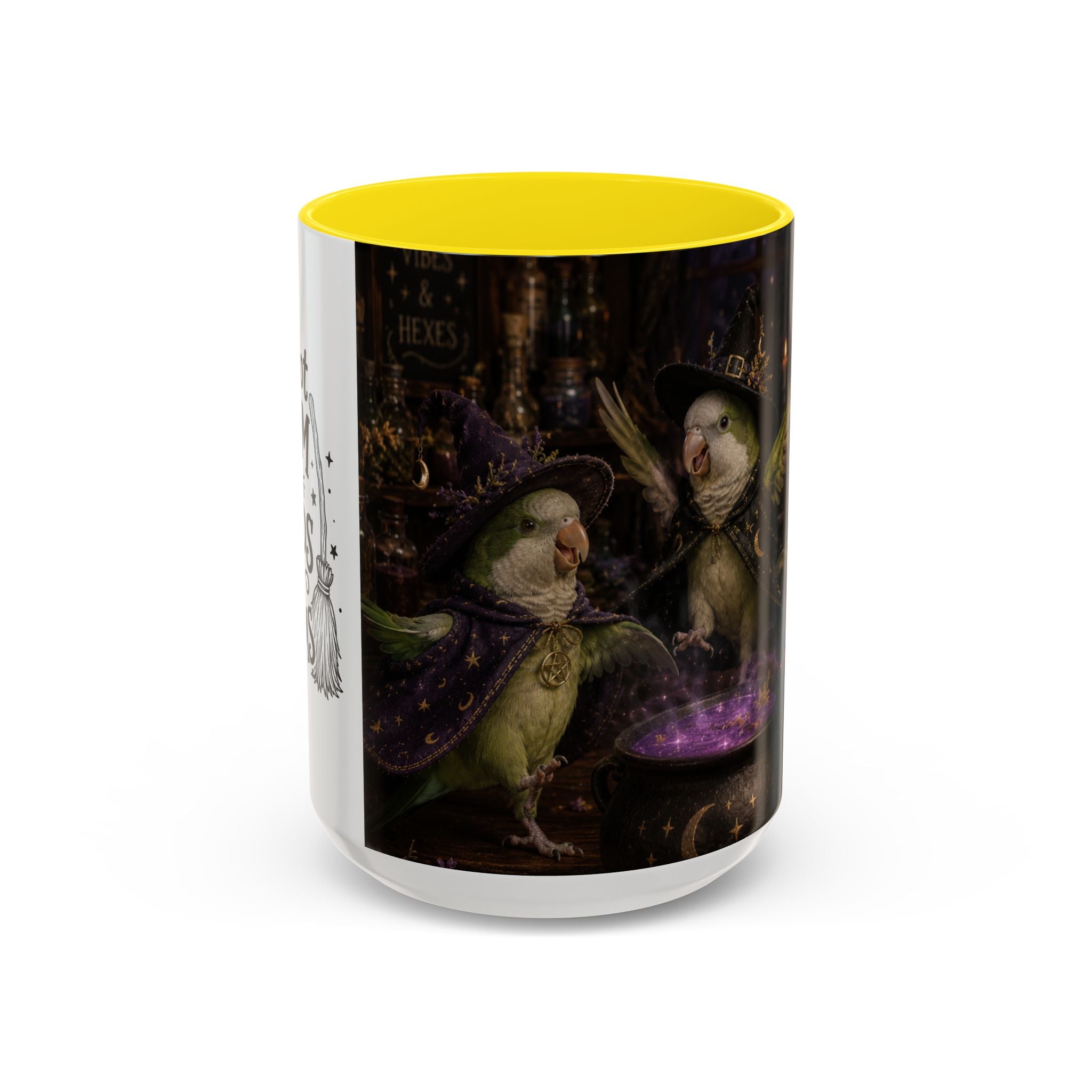 Witchy Parrot Coffee Mug — Cute Wizard Parakeet Magic Cauldron Accent Mug (11/15oz)