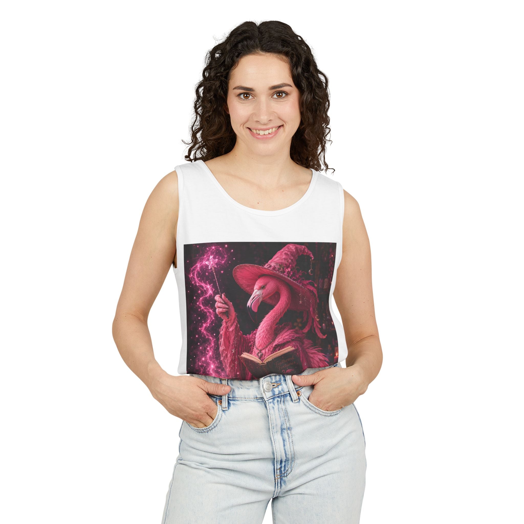 Wizard Flamingo Tank Top — "I’ve Got Room for Birds and Brooms" Graphic