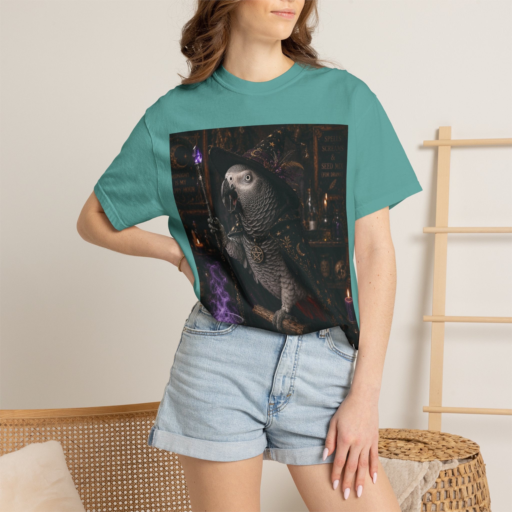 Witch Parrot T-Shirt — "Primordial Witch" Graphic Tee with "I've Got Room for Birds and Brooms" Back