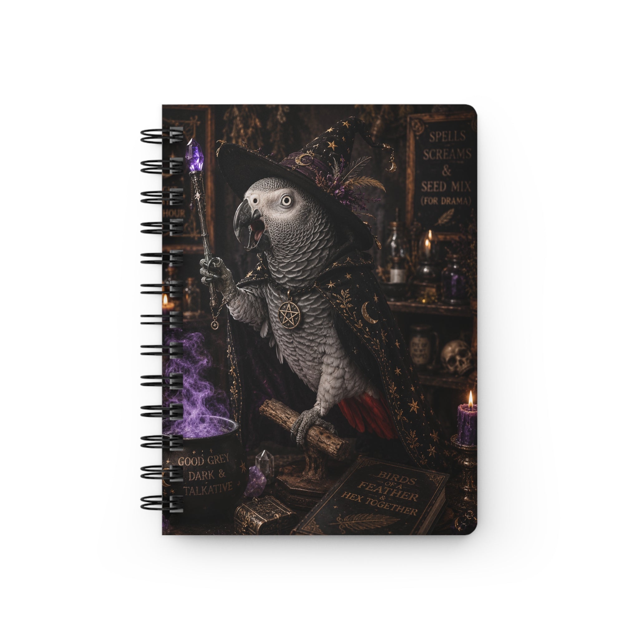 Witchy Parrot Spiral Notebook — "I’ve Got Room for Birds and Brooms" Journal