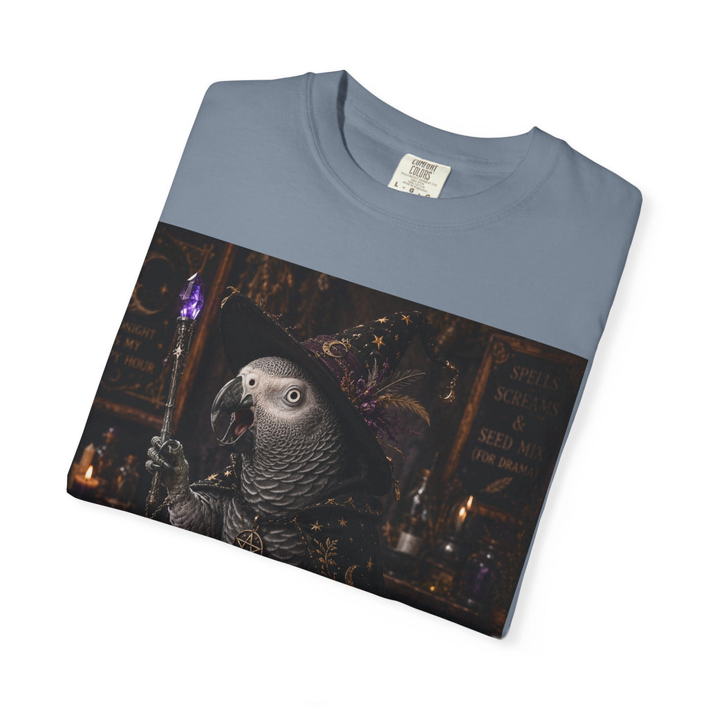 Witch Parrot T-Shirt — "Primordial Witch" Graphic Tee with "I've Got Room for Birds and Brooms" Back