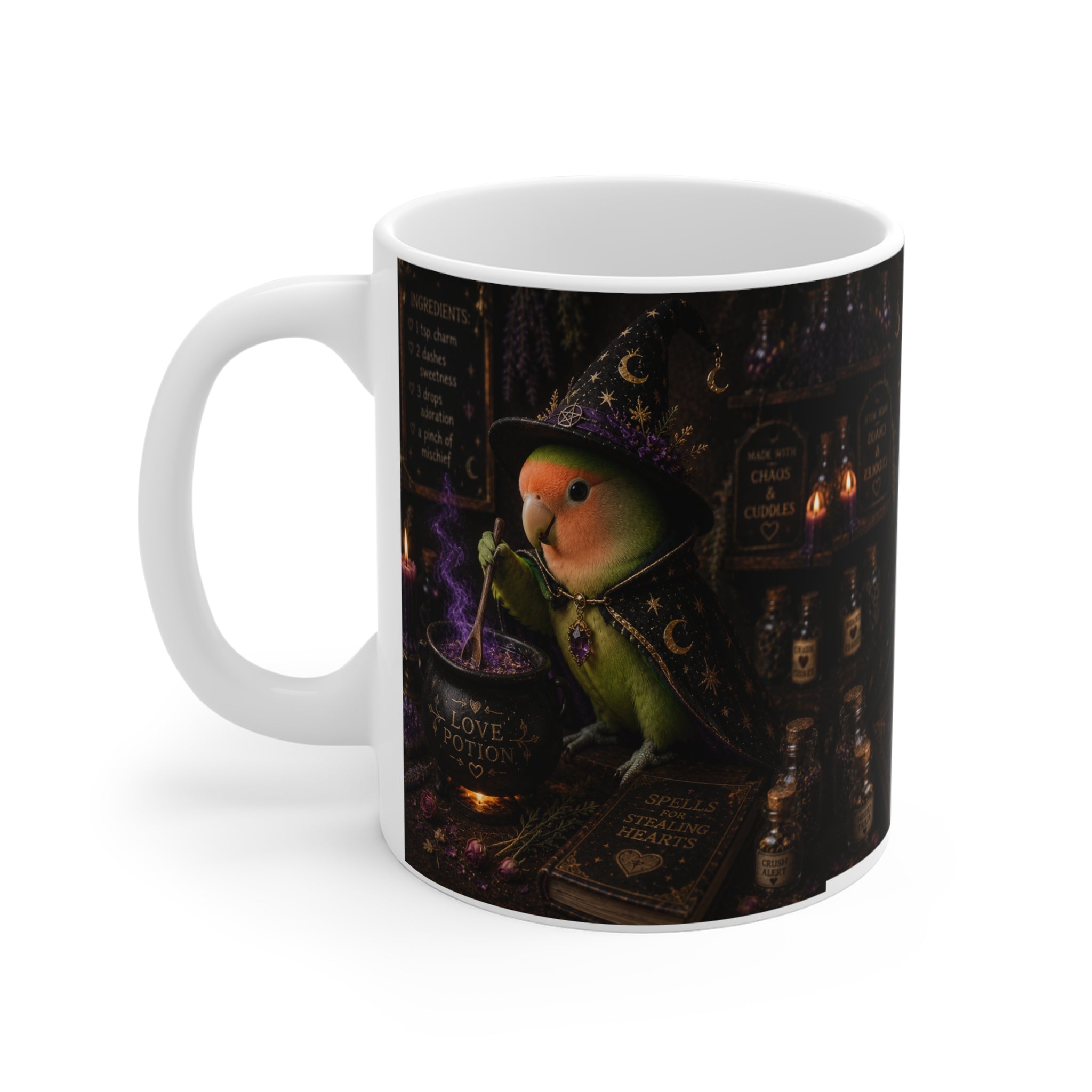 Witchy Lovebird Mug — Cute Magical Bird Brews Potion 11oz
