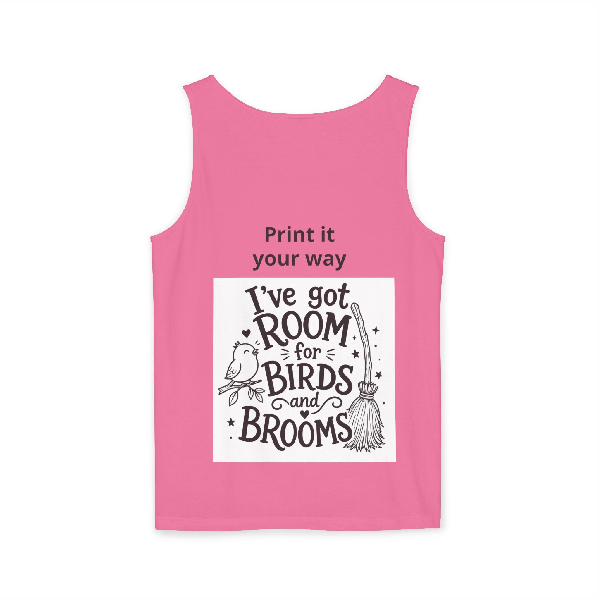 Wizard Flamingo Tank Top — "I’ve Got Room for Birds and Brooms" Graphic