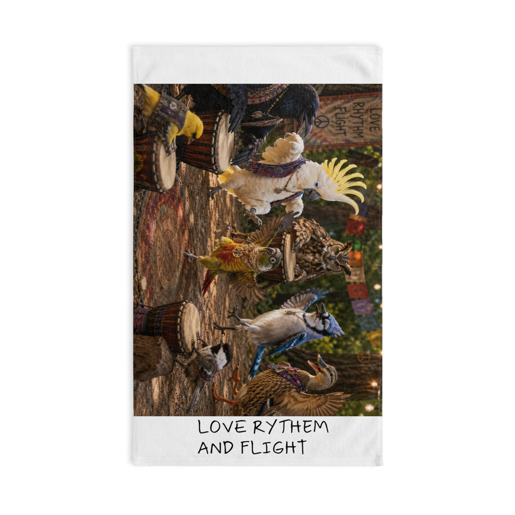 Love Rhythm and Flight Hand Towel — Tropical Bird Drum Circle Kitchen Towel