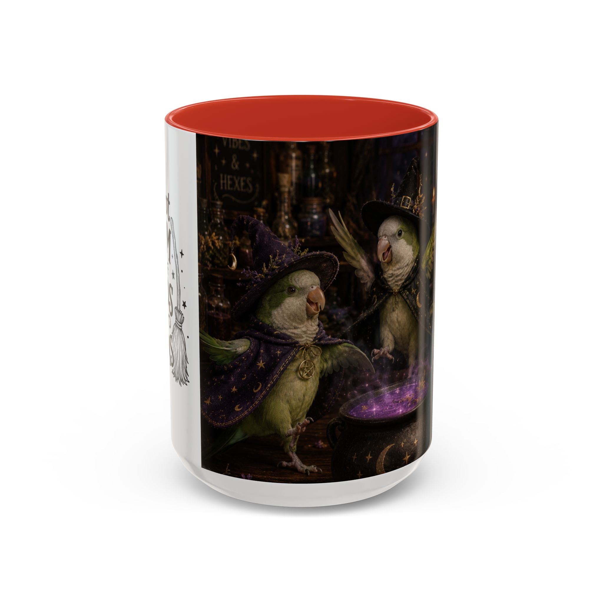 Witchy Parrot Coffee Mug — Cute Wizard Parakeet Magic Cauldron Accent Mug (11/15oz)