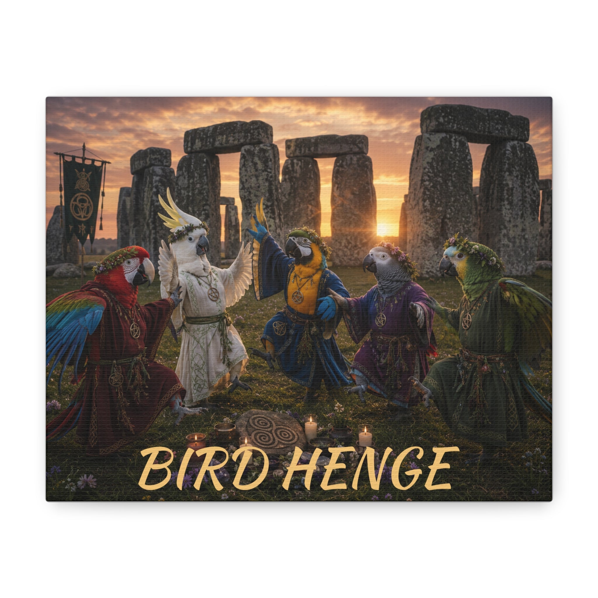Bird Henge Canvas Print — Fantasy Parrot Gathering at Stonehenge