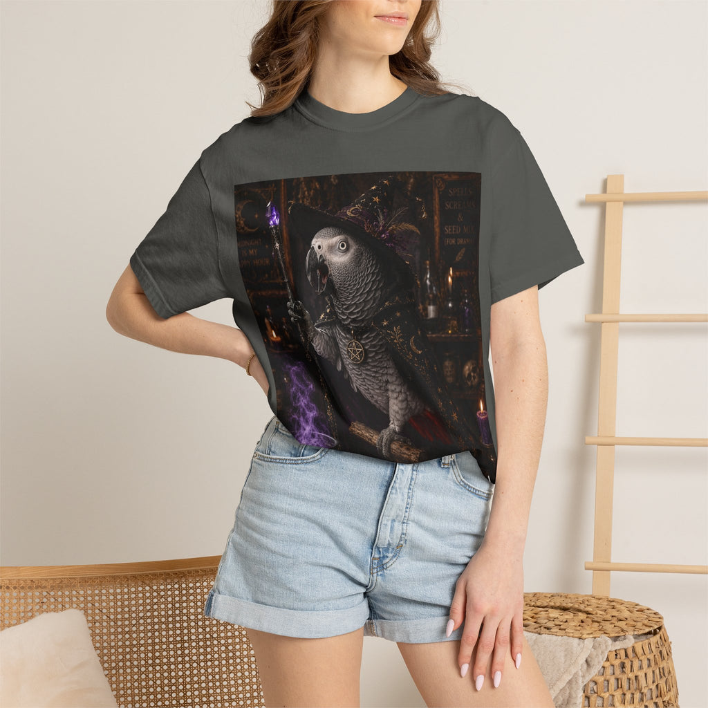 Witch Parrot T-Shirt — "Primordial Witch" Graphic Tee with "I've Got Room for Birds and Brooms" Back