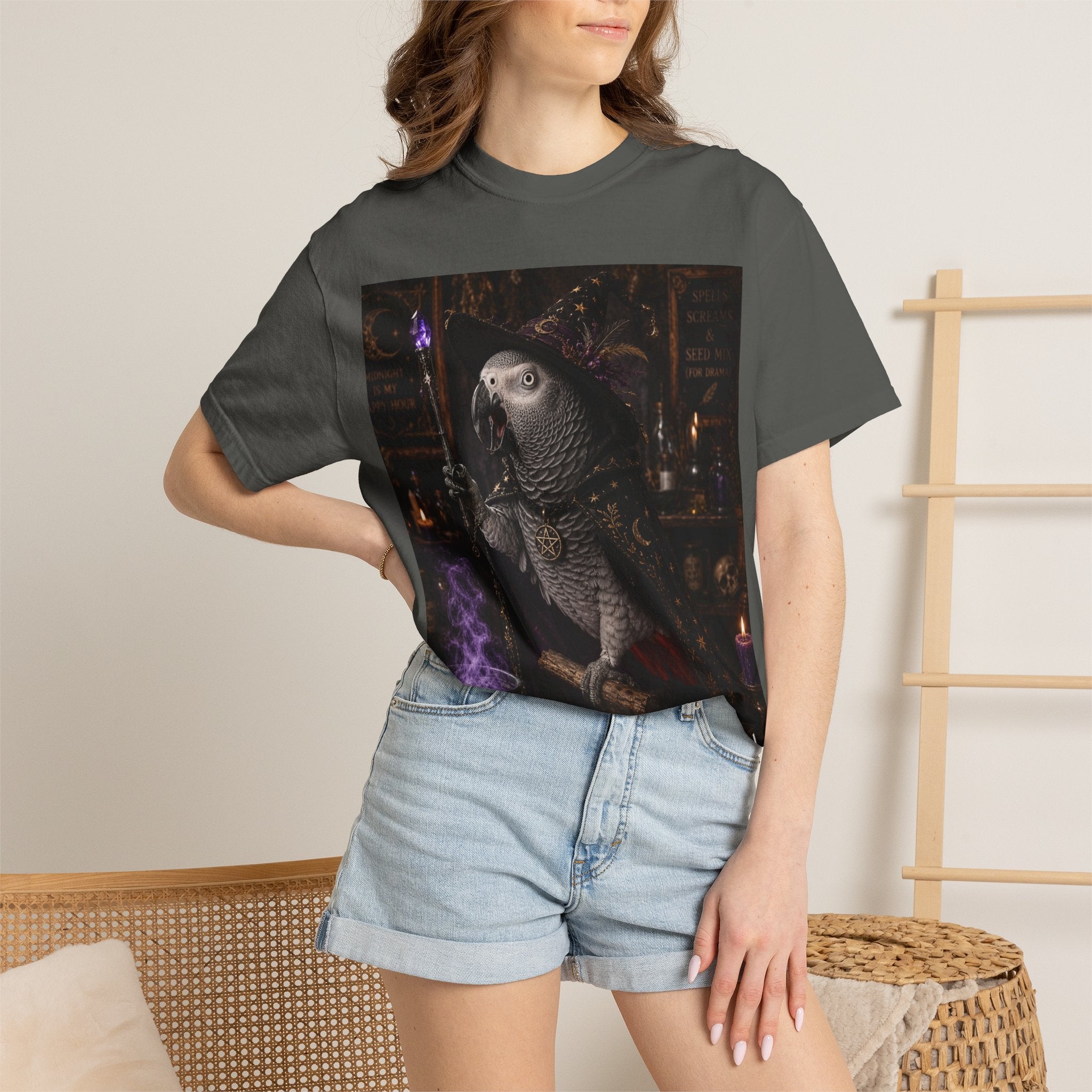 Witch Parrot T-Shirt — "Primordial Witch" Graphic Tee with "I've Got Room for Birds and Brooms" Back