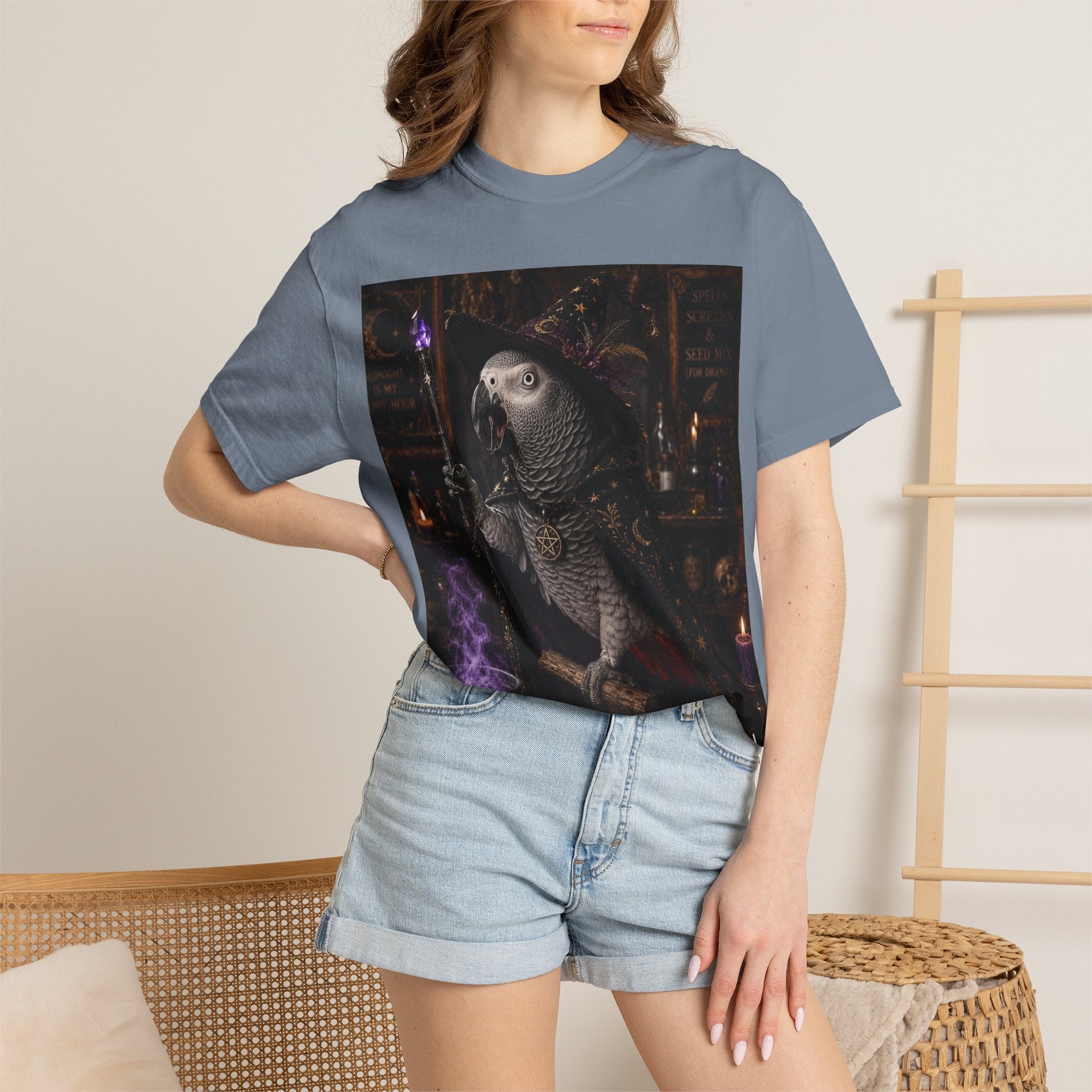 Witch Parrot T-Shirt — "Primordial Witch" Graphic Tee with "I've Got Room for Birds and Brooms" Back