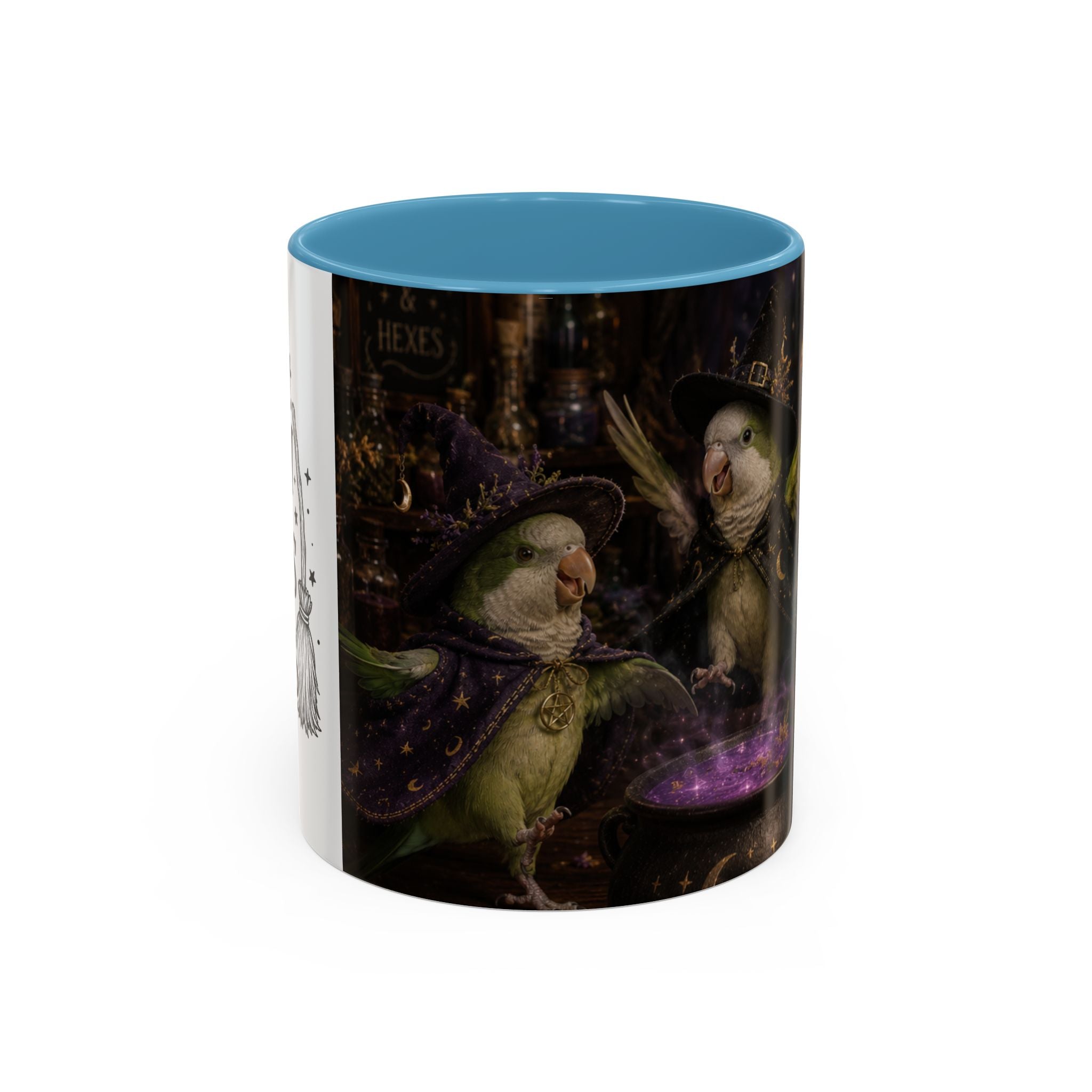 Witchy Parrot Coffee Mug — Cute Wizard Parakeet Magic Cauldron Accent Mug (11/15oz)