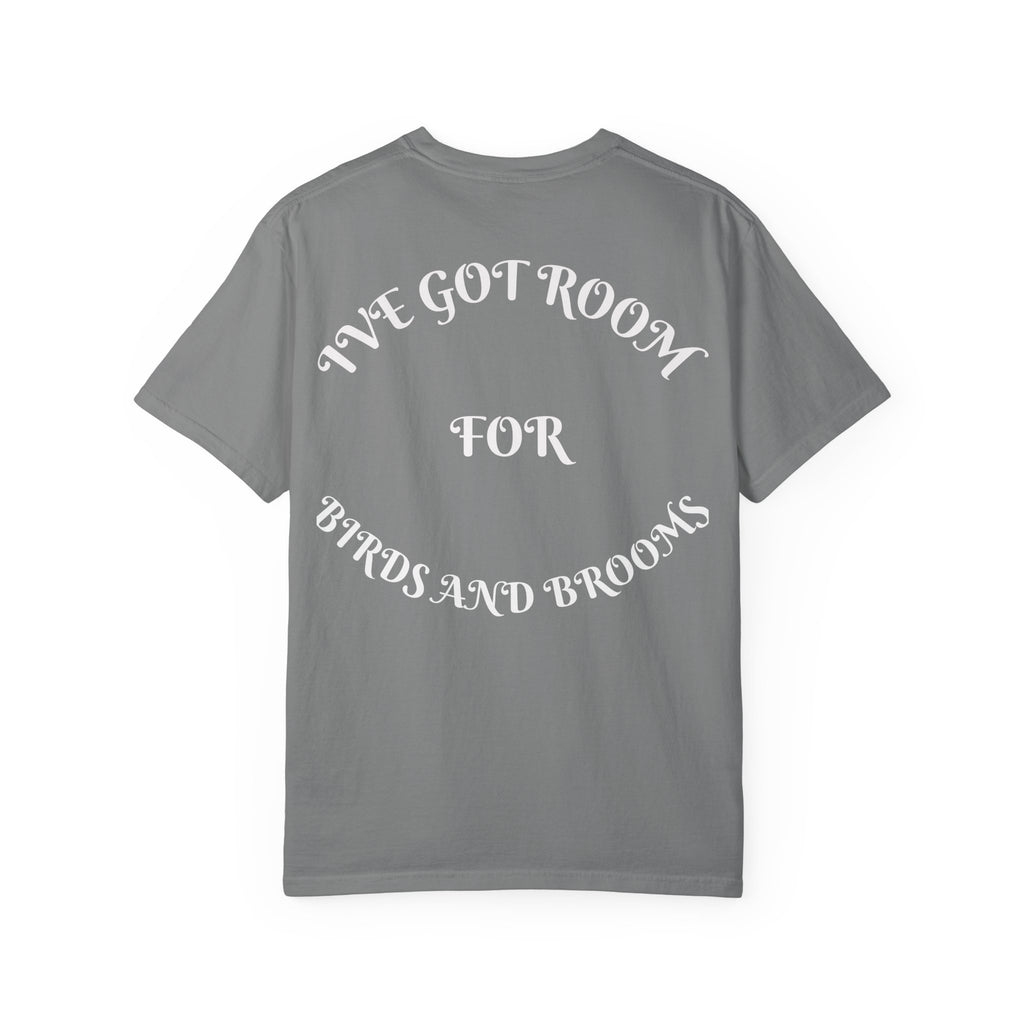 Witch Parrot T-Shirt — "Primordial Witch" Graphic Tee with "I've Got Room for Birds and Brooms" Back
