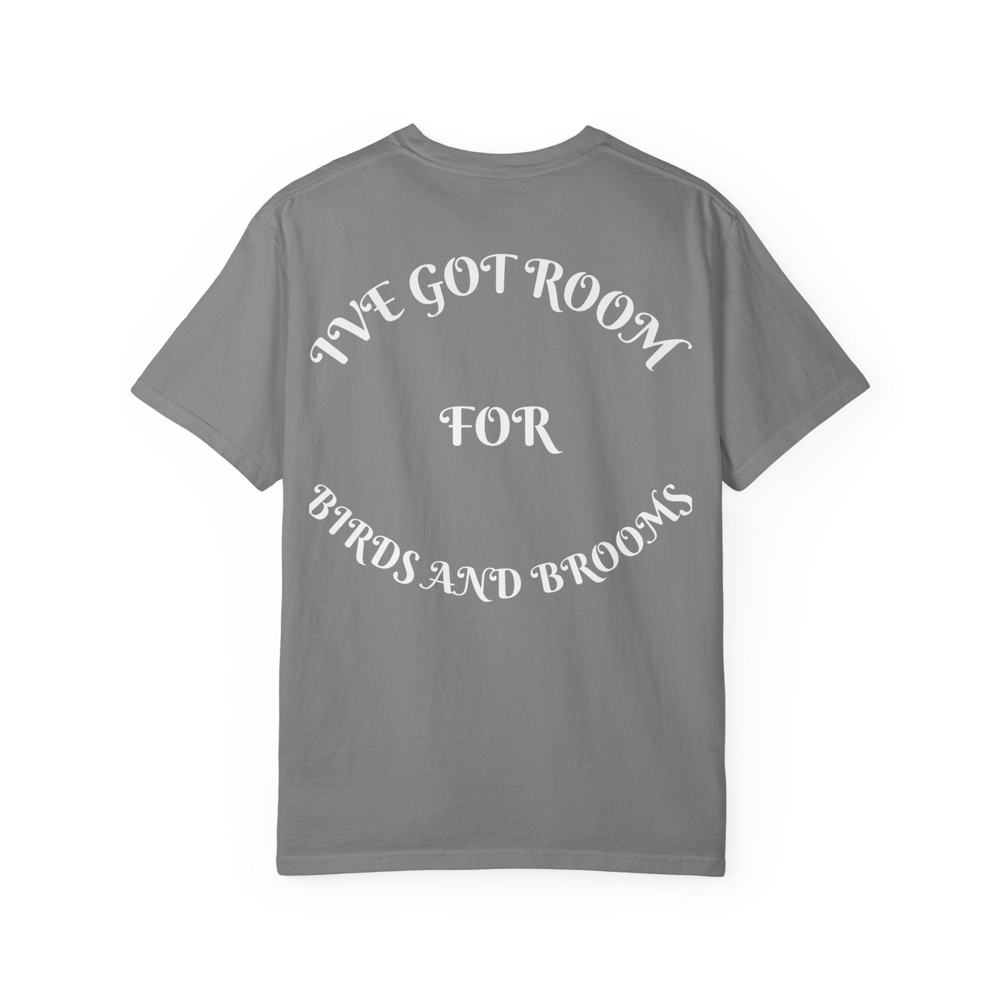 Witch Parrot T-Shirt — "Primordial Witch" Graphic Tee with "I've Got Room for Birds and Brooms" Back